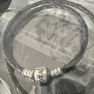Authentic Pandora Moments Double Black Leather Bracelet with silver clasp 925